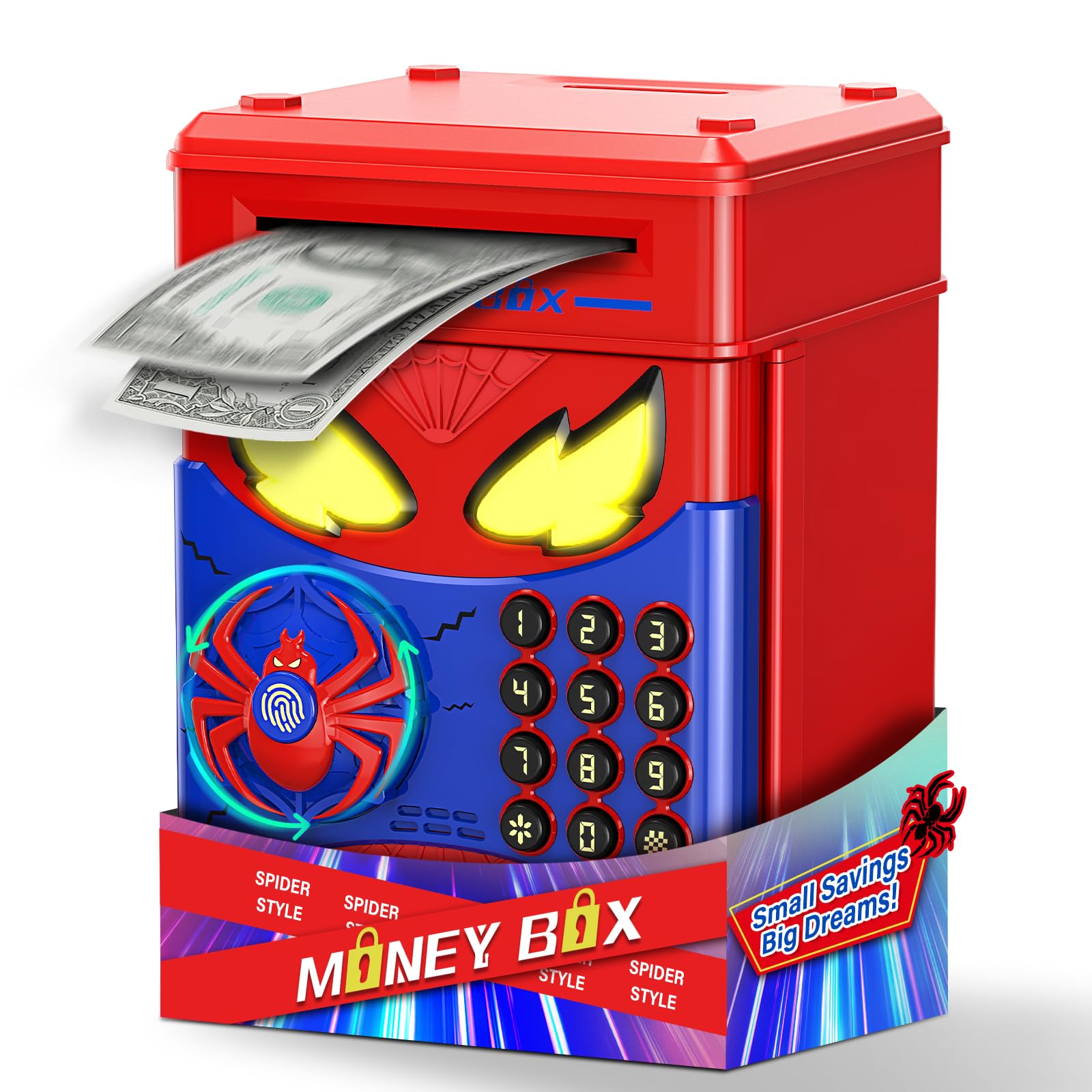 Wrystte Spider Piggy Bank front view shows secure kid-friendly design.