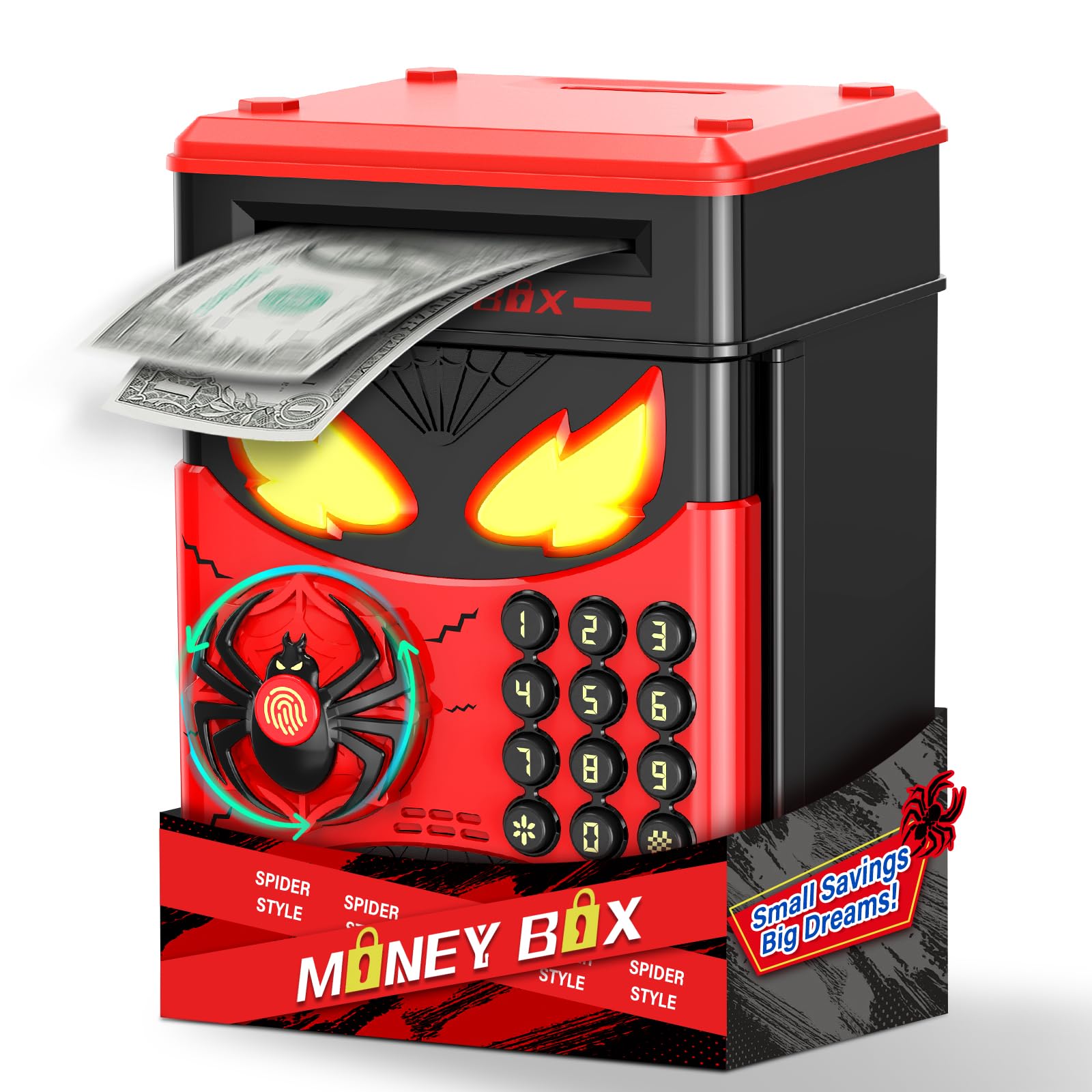 Wrystte Spider Piggy Bank front view with secure fingerprint access for kids.
