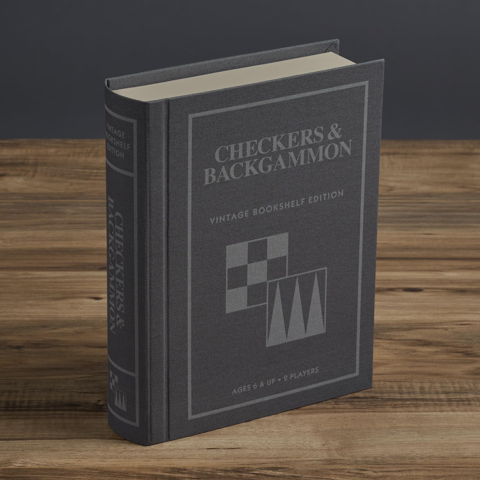 WS Game Company Checkers and Backgammon box on shelf, elegant storage.