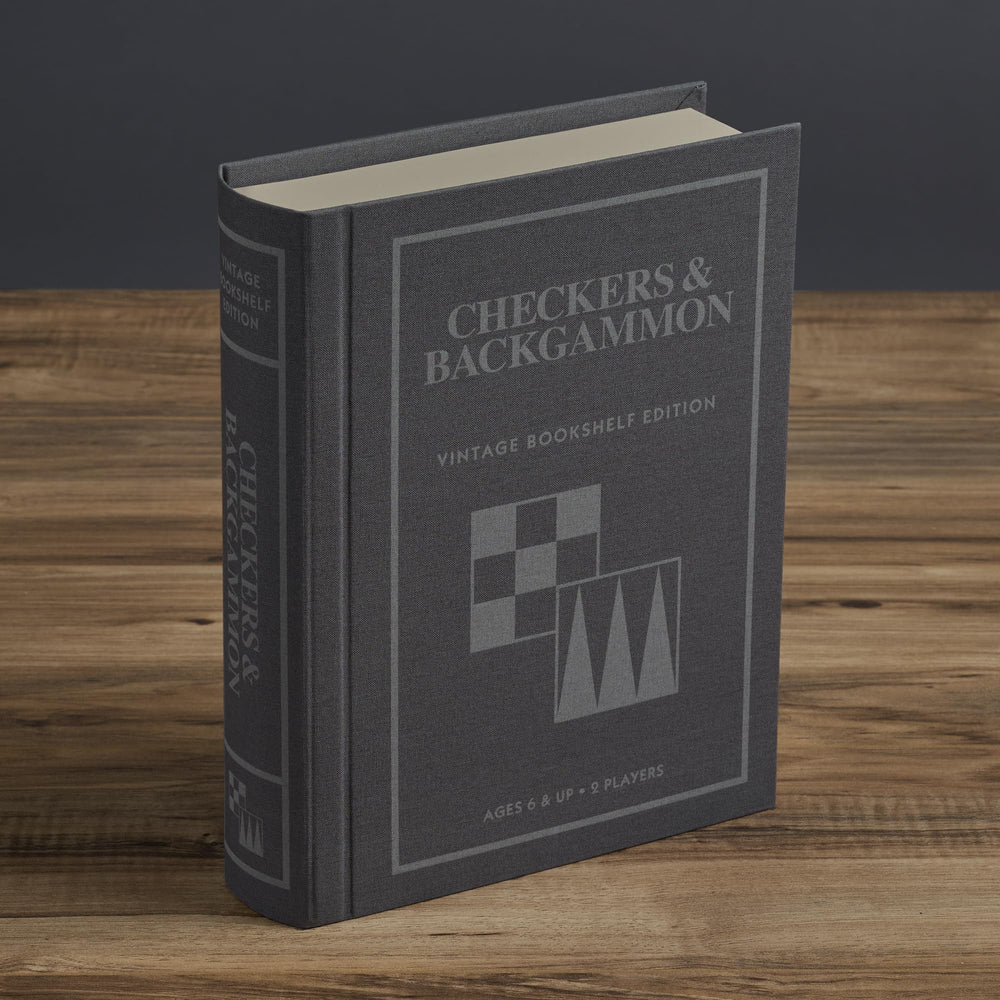 WS Game Company Checkers and Backgammon box on shelf, elegant storage.