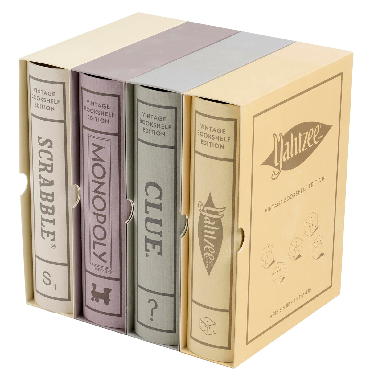 WS Game Company Scrabble box on a bookshelf, ideal for family play.