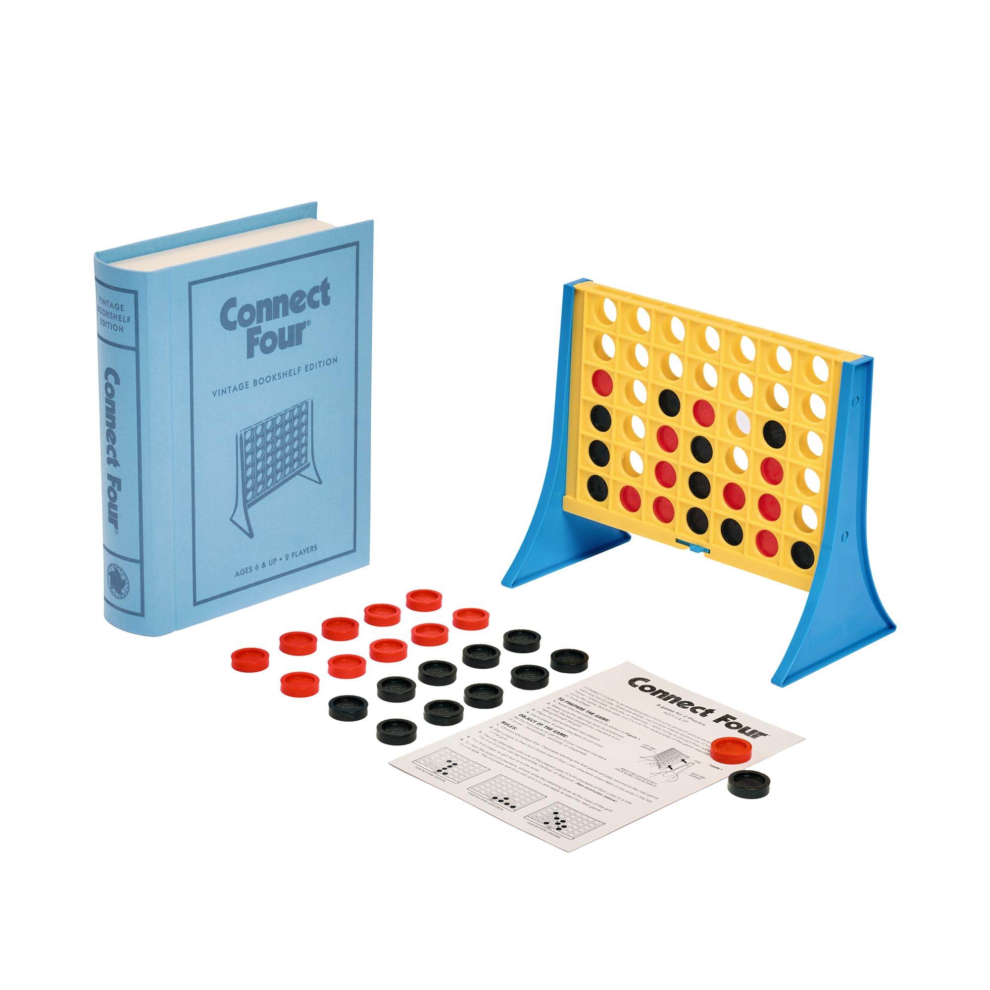 WS Game Company Connect Four Vintage Bookshelf Edition red and black checkers provide tactile play.