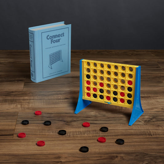 WS Game Company Connect Four Vintage Bookshelf Edition fabric-wrapped exterior adds shelf decor.