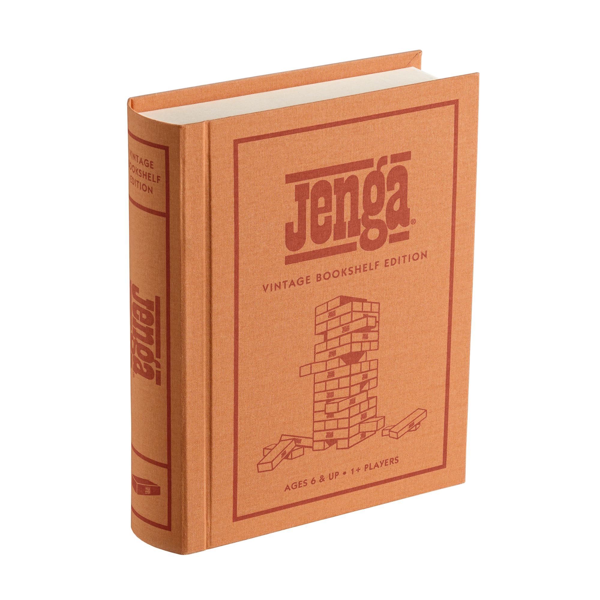 WS Game Company Jenga Vintage Bookshelf Edition linen-wrapped box for elegant display and play