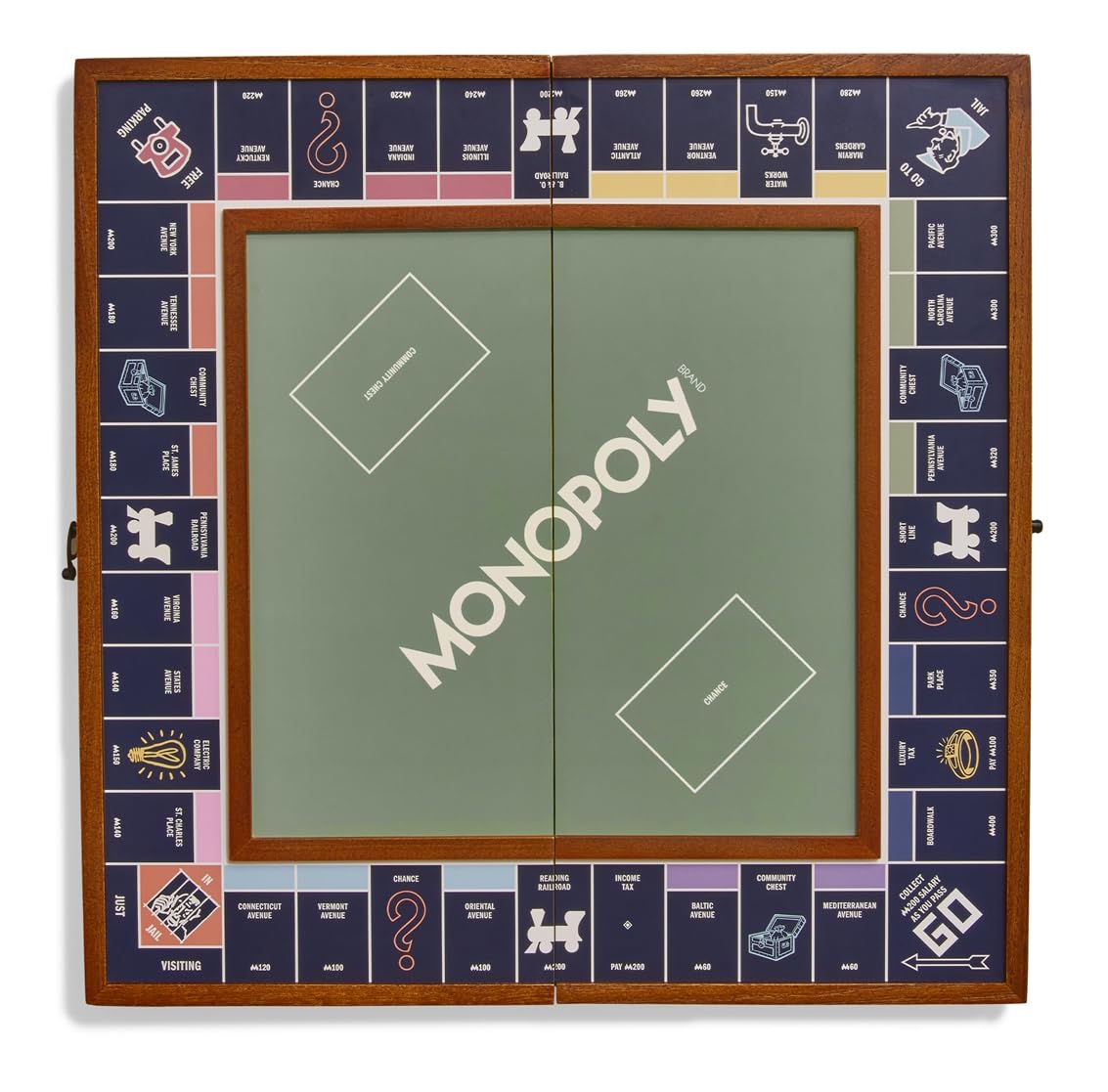 WS Game Company Monopoly Grand folding board highlights elegant wood framing for compact storage.
