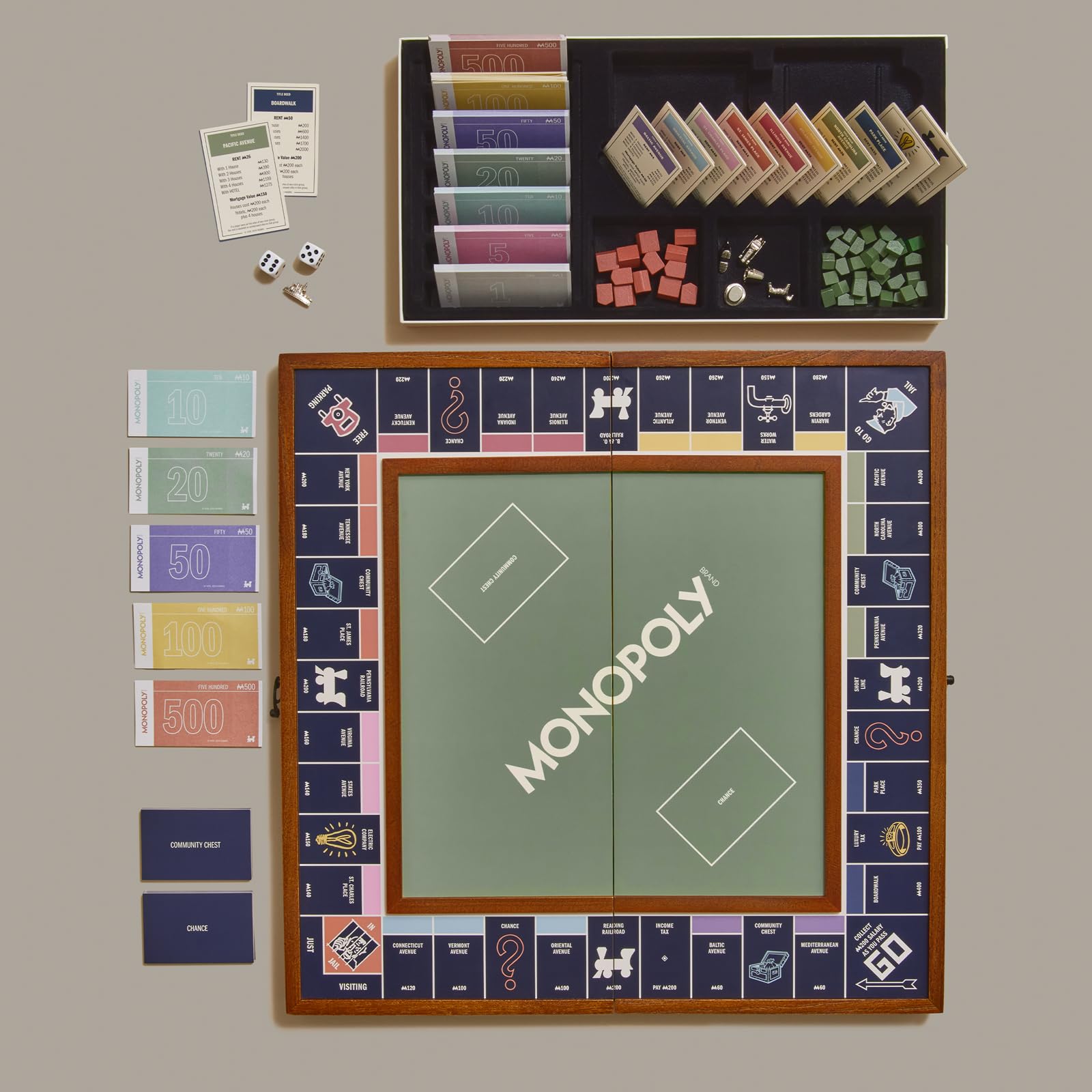 WS Game Company Monopoly Grand wood-framed board presents premium design for family game nights.