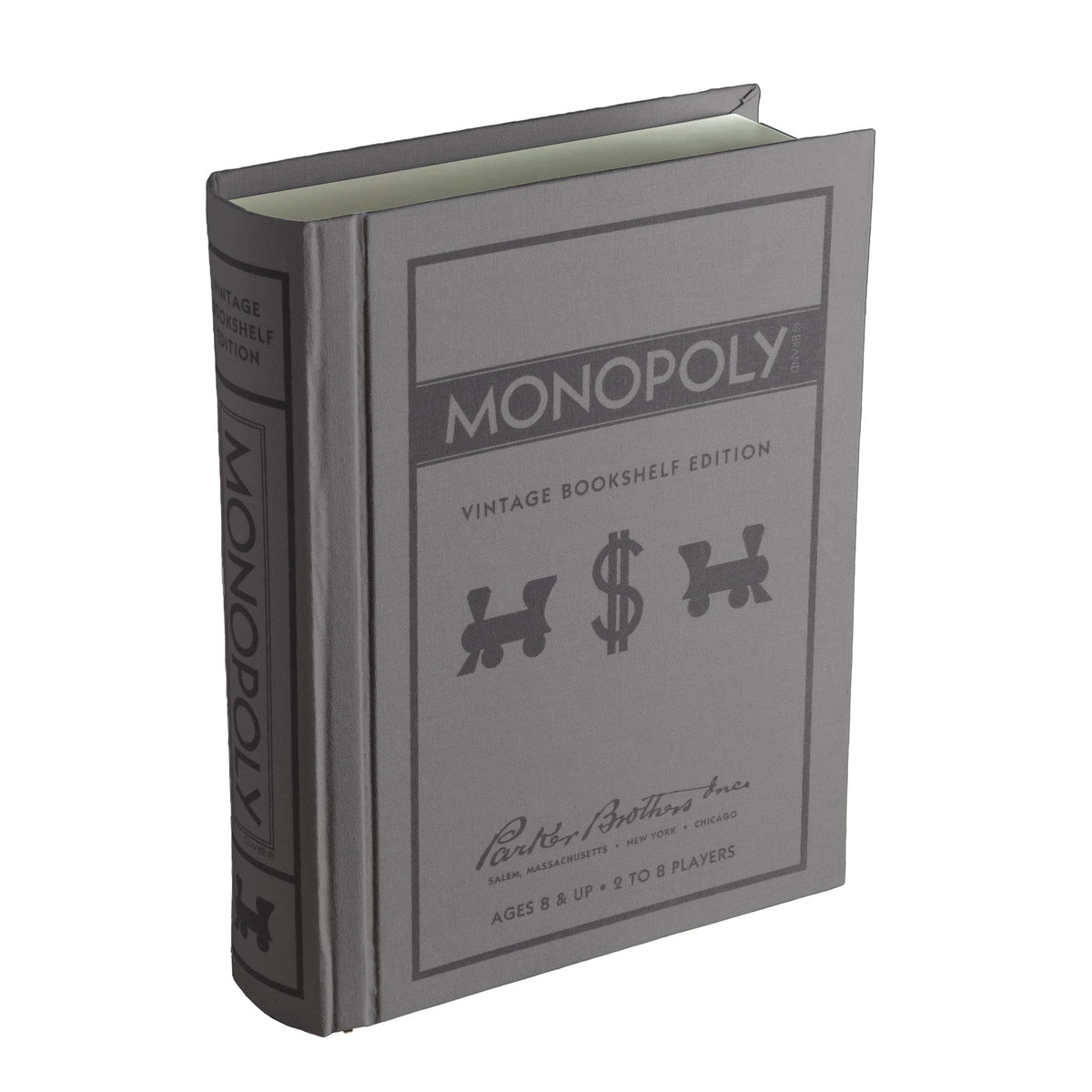 WS Game Company Monopoly vintage bookshelf edition on a shelf, showcasing space-saving design.