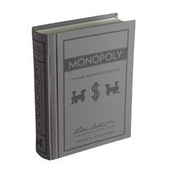 WS Game Company Monopoly vintage bookshelf edition on a shelf, showcasing space-saving design.