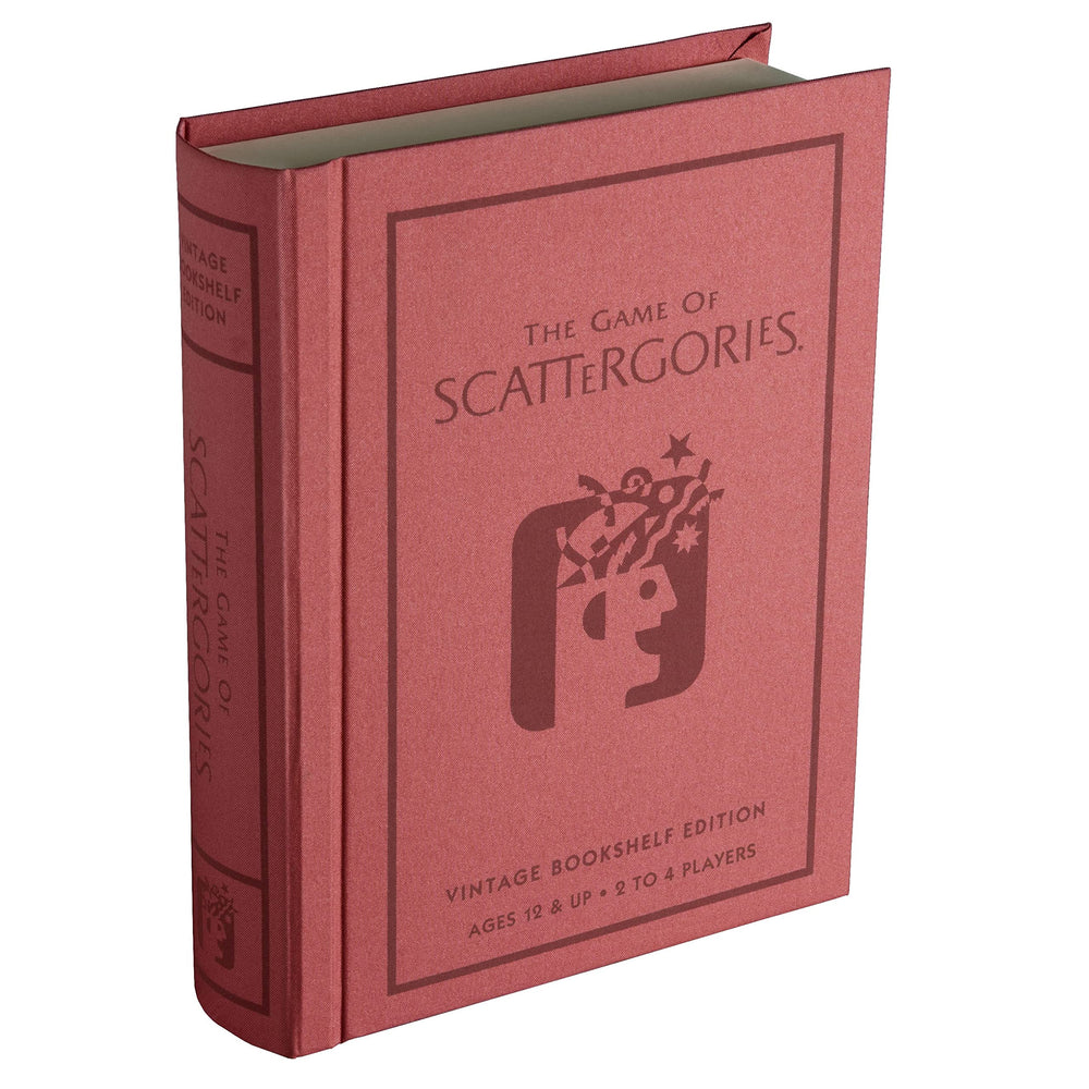 WS Game Company Scattergories vintage bookshelf front showcases compact storage for easy setup.