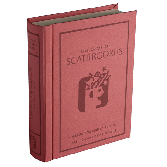 WS Game Company Scattergories vintage bookshelf front showcases compact storage for easy setup.