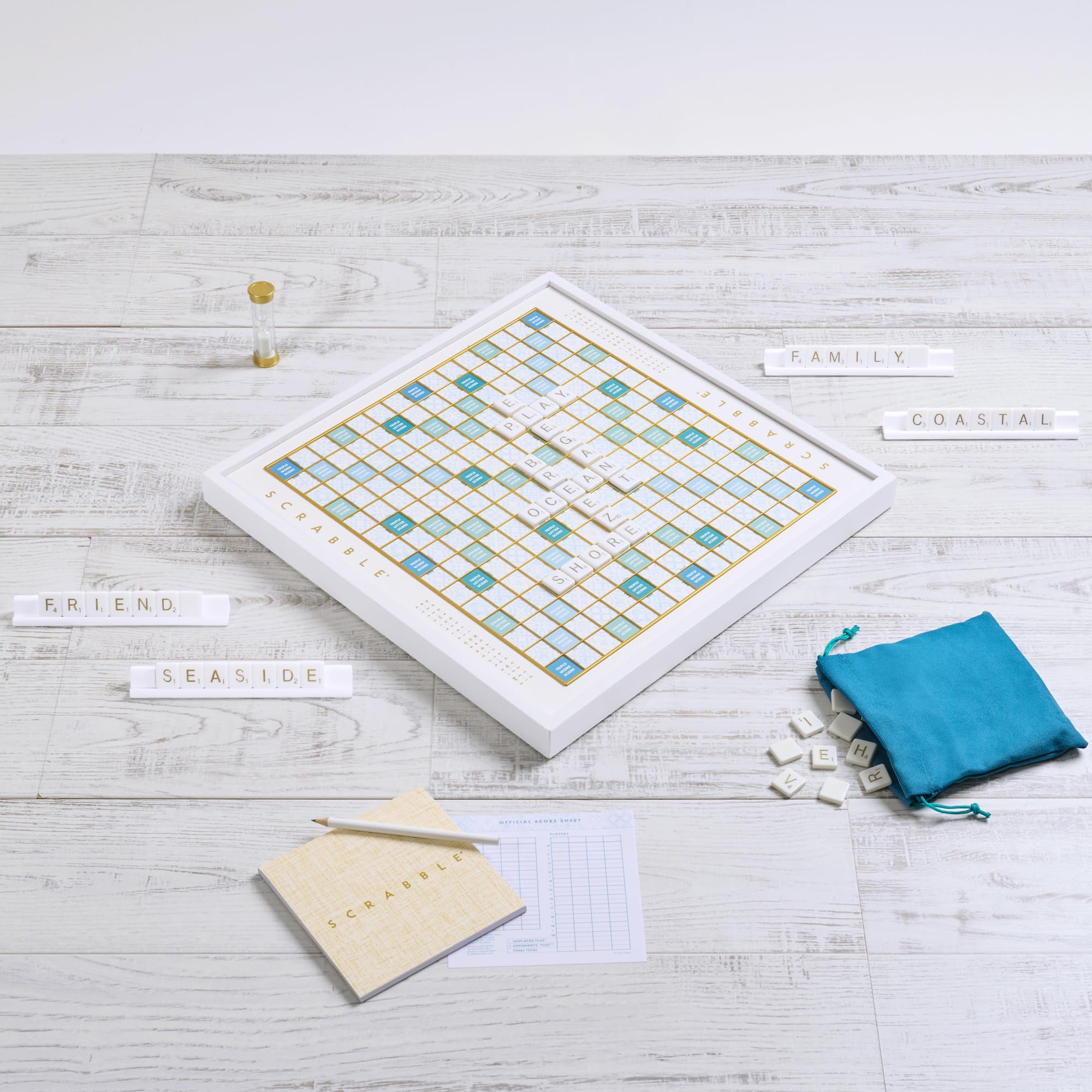 WS Game Company Scrabble Bianco Edition wood frame adds premium durability.
