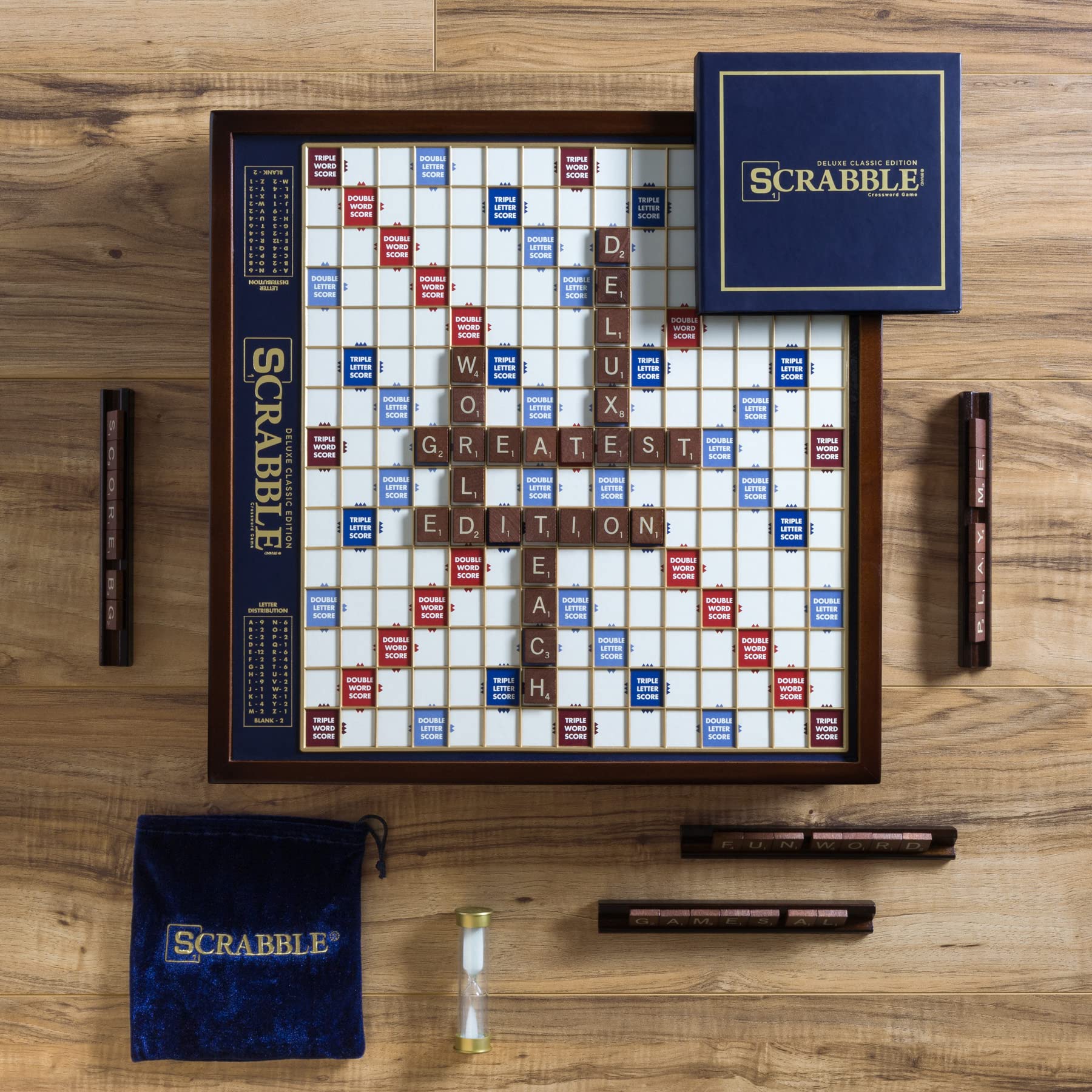 WS Game Company Scrabble Deluxe mahogany cabinet with built-in storage for organization.