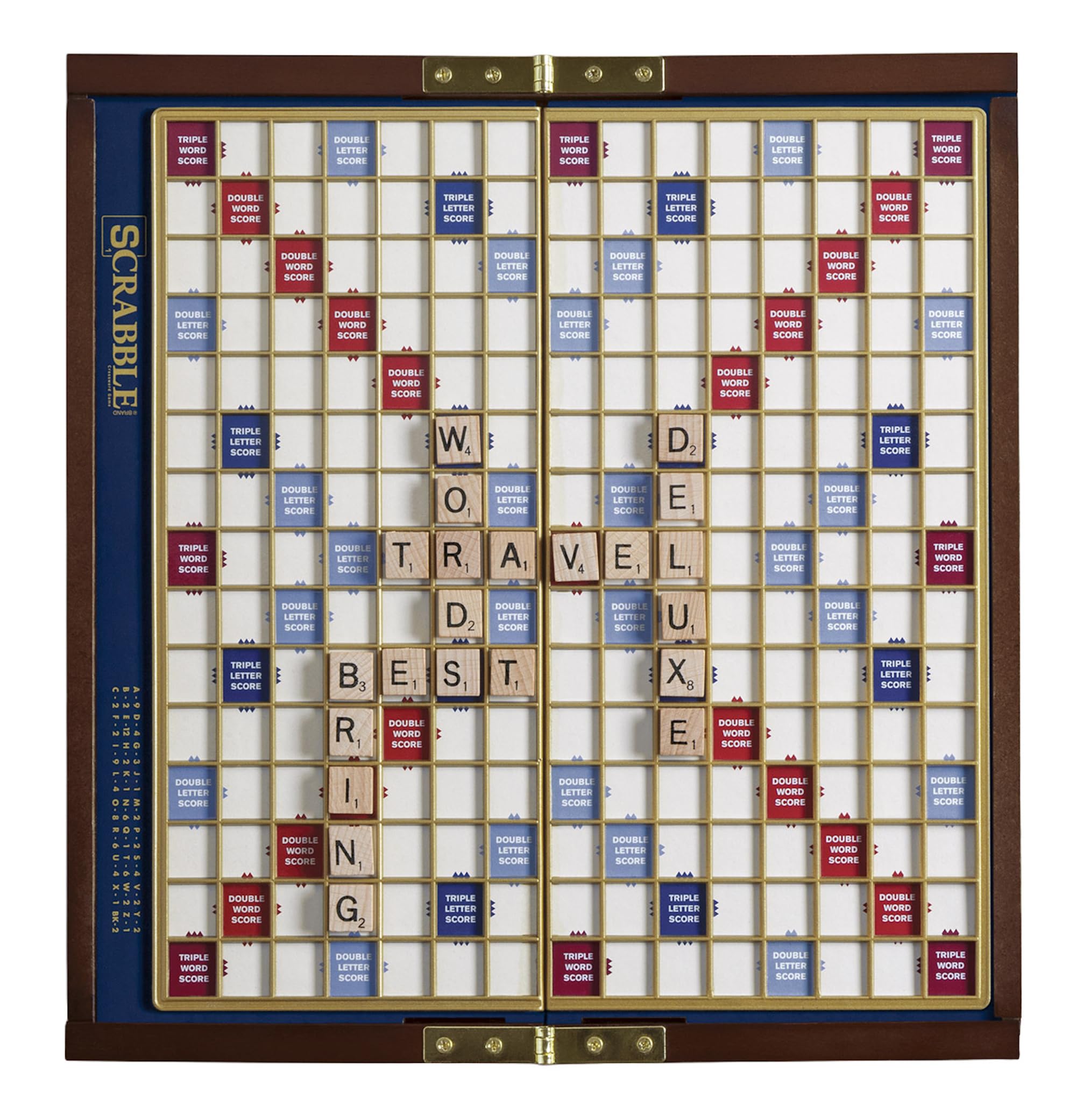 WS Game Company Scrabble Deluxe Travel wooden case offers elegant portability.