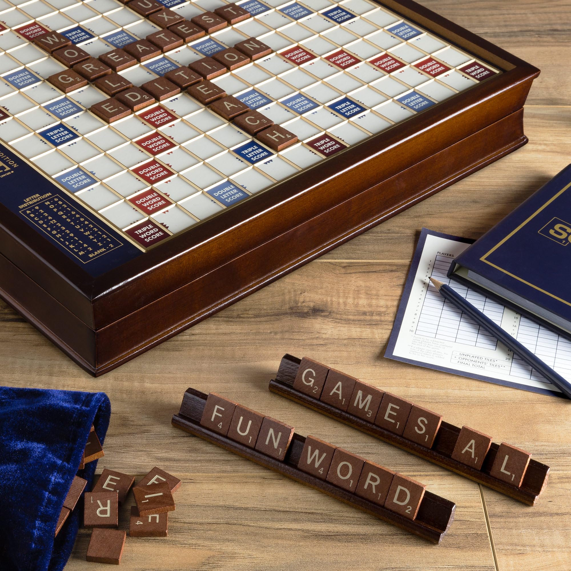 WS Game Company Scrabble Deluxe wooden tiles and racks offer tactile premium play.