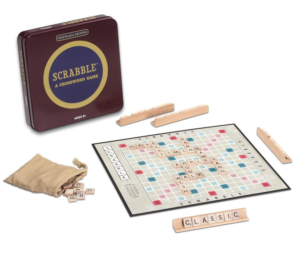 WS Game Company Scrabble Nostalgia Edition wooden tile racks organized during play.