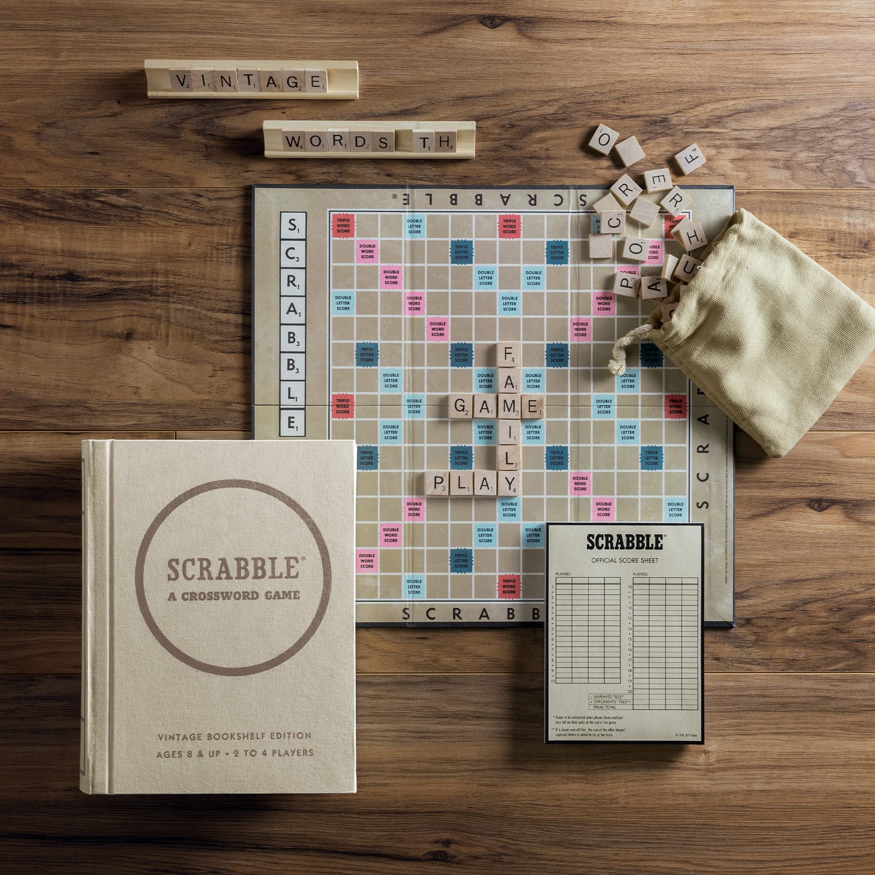 WS Game Company Scrabble vintage wooden tiles held in racks for easy handling