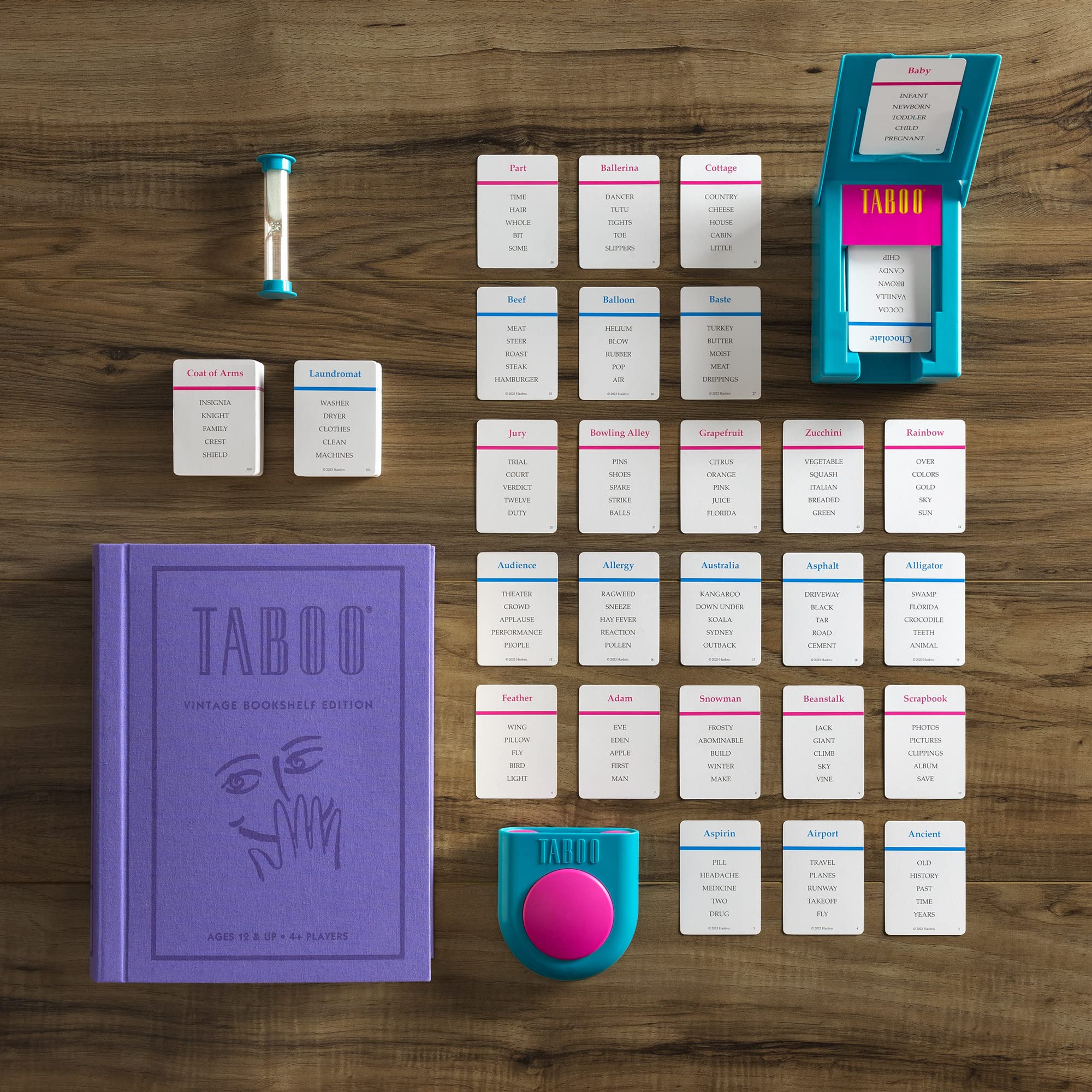 WS Game Company Taboo Vintage Bookshelf Edition—cards spread for fast clue rounds.