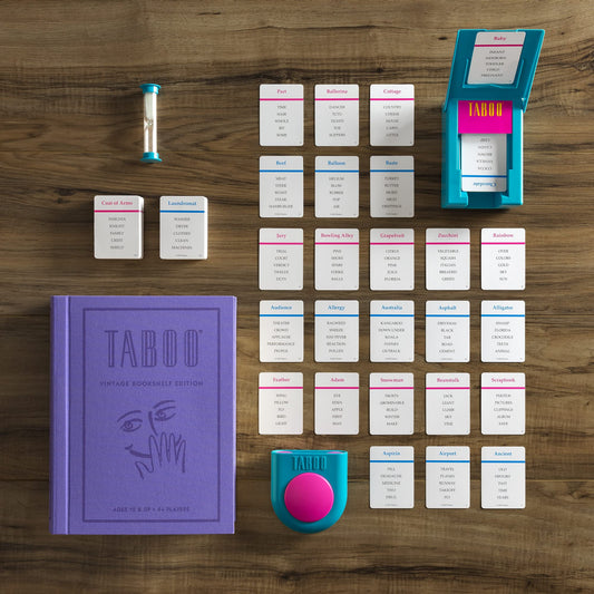 WS Game Company Taboo Vintage Bookshelf Edition—cards spread for fast clue rounds.