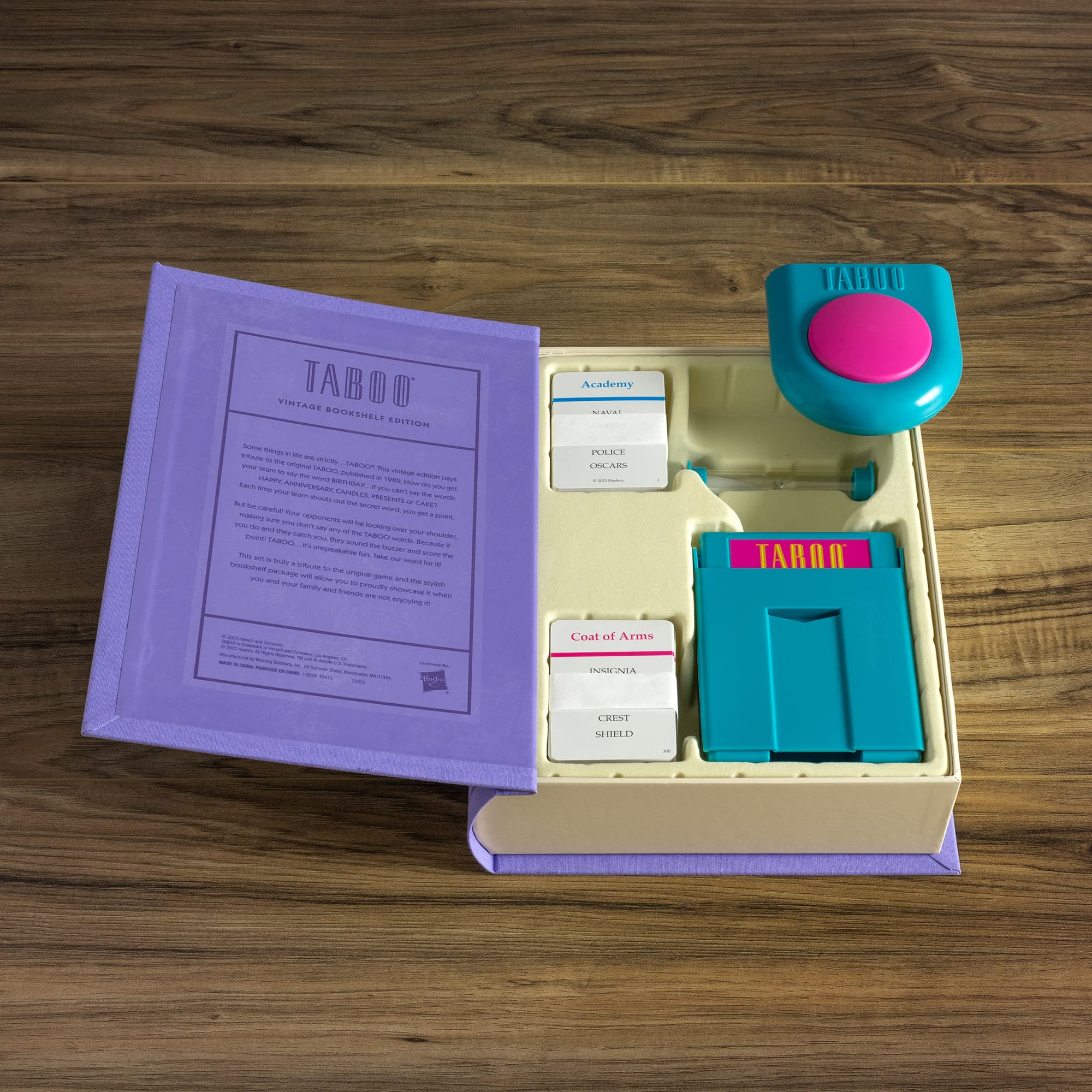 WS Game Company Taboo Vintage Bookshelf Edition—slipcover protects and blends with decor.