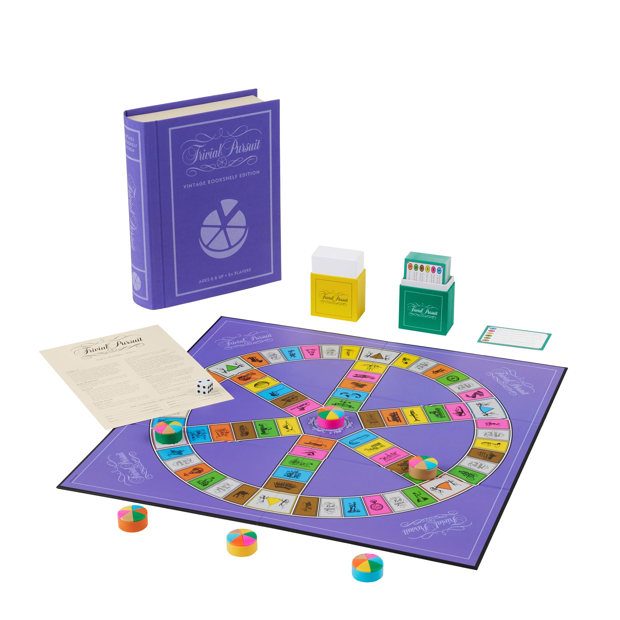 WS Game Company Trivial Pursuit Vintage Bookshelf Edition card boxes manage questions.