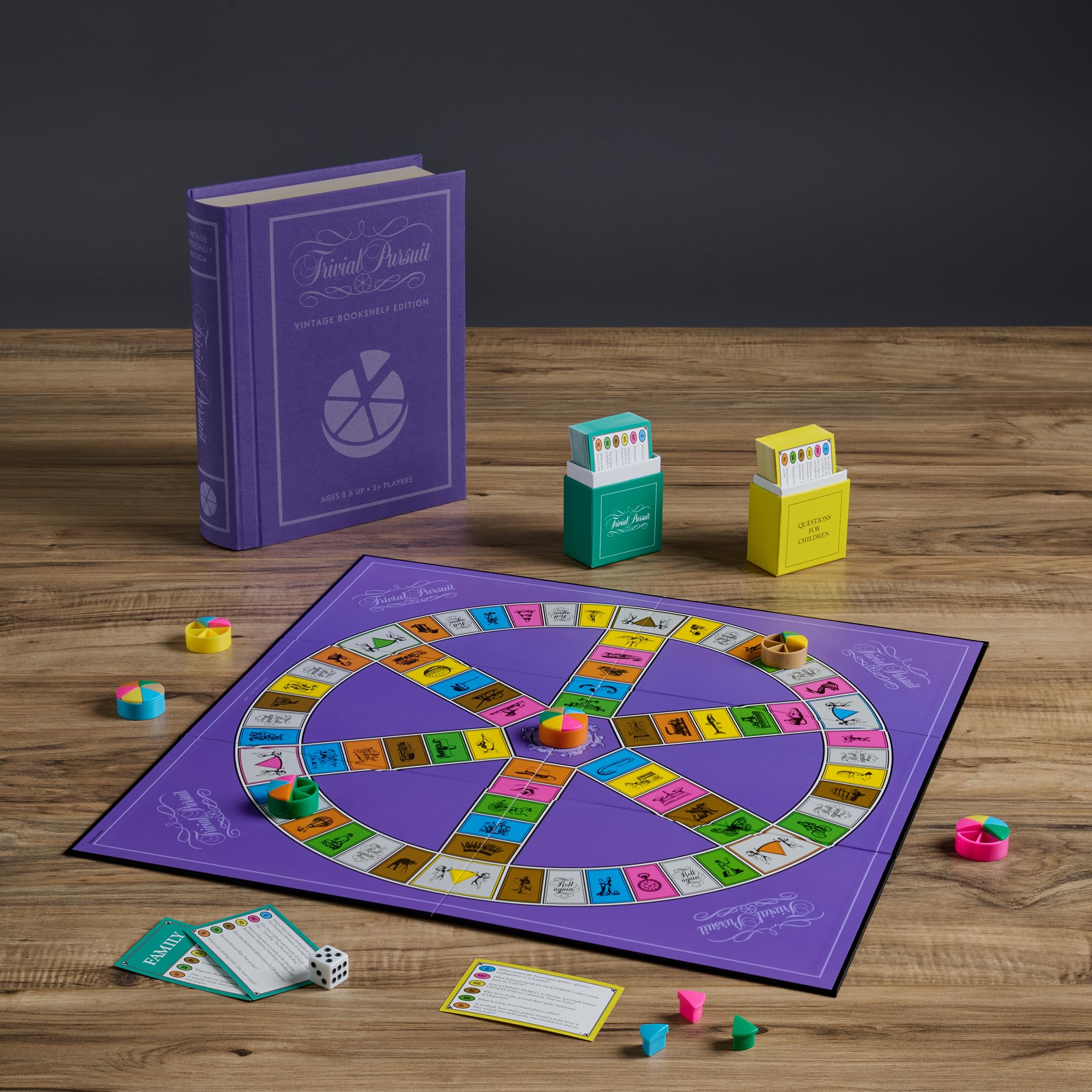 WS Game Company Trivial Pursuit Vintage Bookshelf Edition die for quick turns.