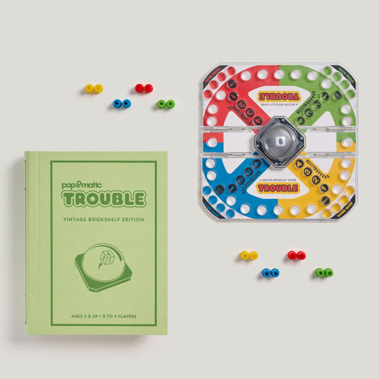 Trouble folding board with 16 pegs and Pop-O-Matic die roller for nostalgic play.