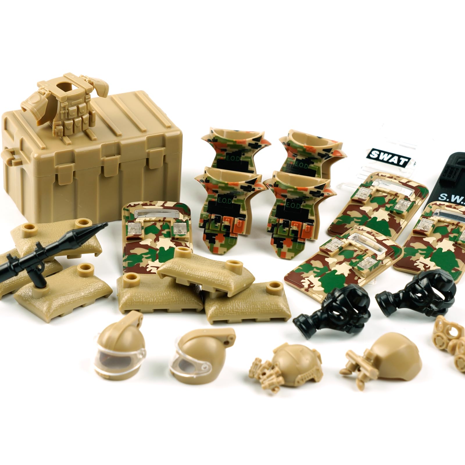 WSRYLTCH camouflage shield and gear elevate display and pretend missions.