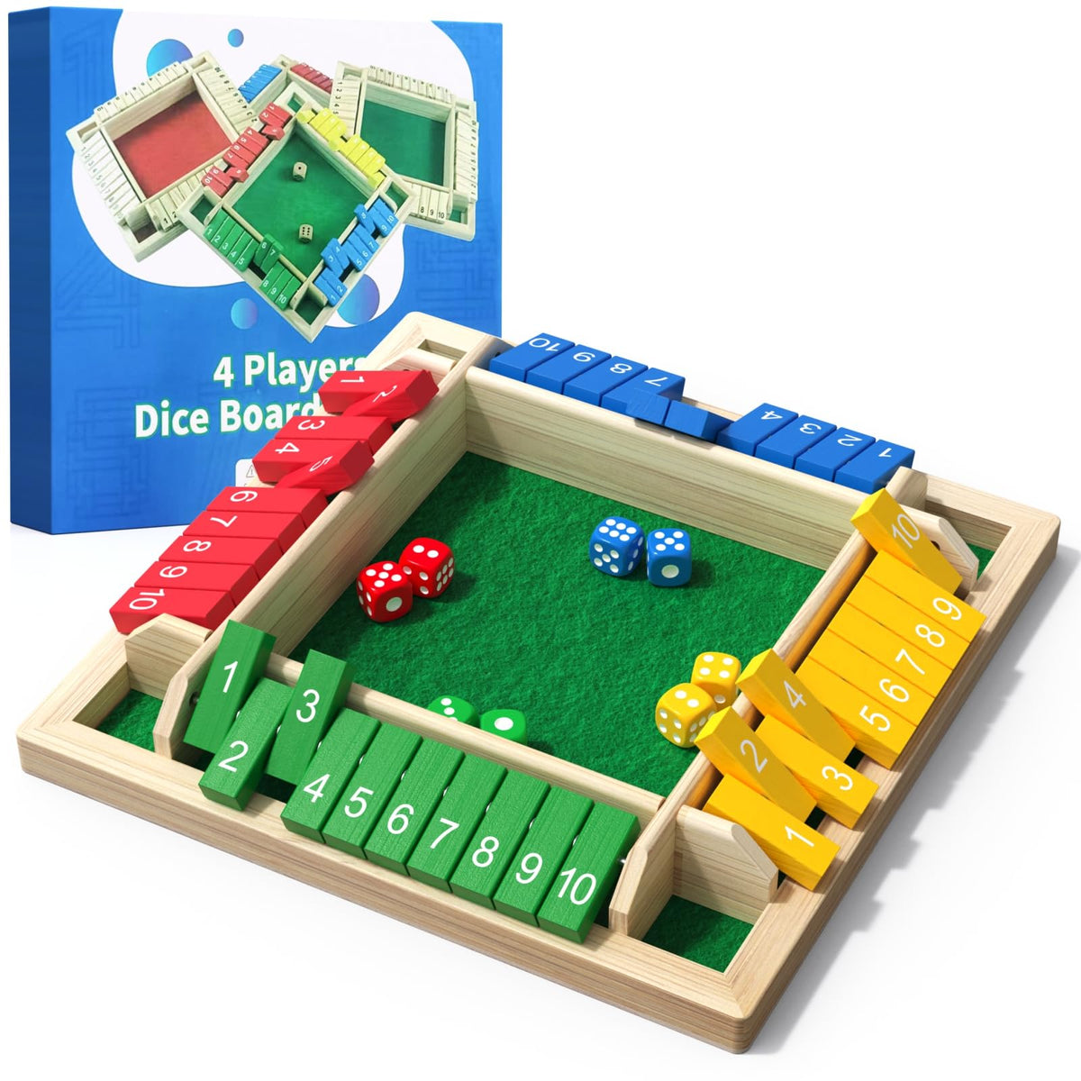 WUAGNCK Shut The Box game with dice on a wooden board for family math fun