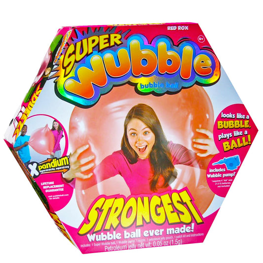 Wubble tear-resistant bubble ball red closeup, highlighting durable Xpandium material for rough play.