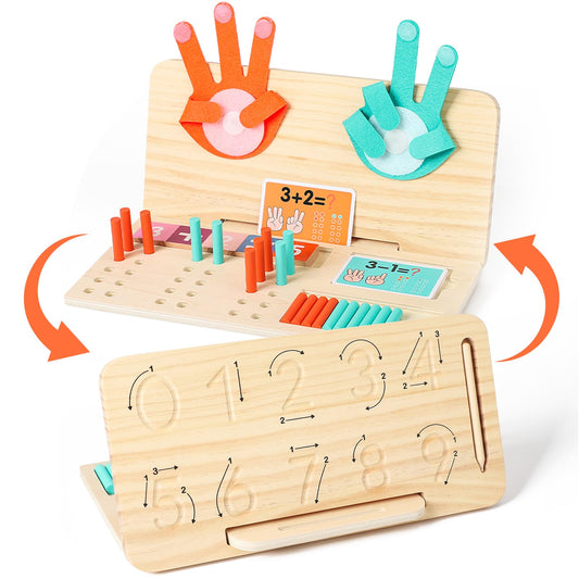 WudBudz Montessori double-sided board for counting and writing practice.