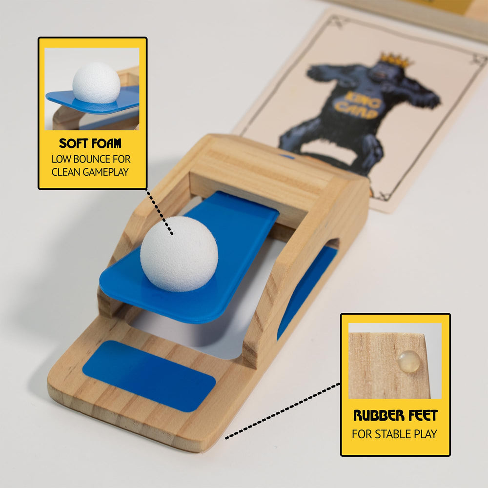 King Pong king cards and wooden holders keep setup tidy