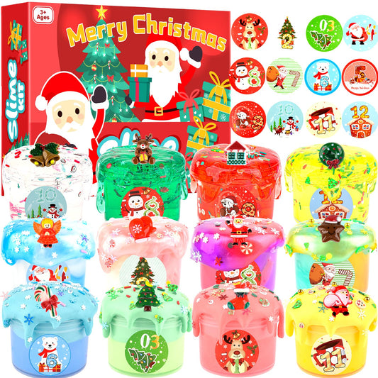 WUJYLY Christmas slime set with 12 festive pieces for stocking stuffers and holidays.