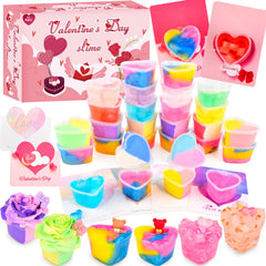 WUJYLY Valentine slime kit with heart containers in rainbow colors for classroom gifting.