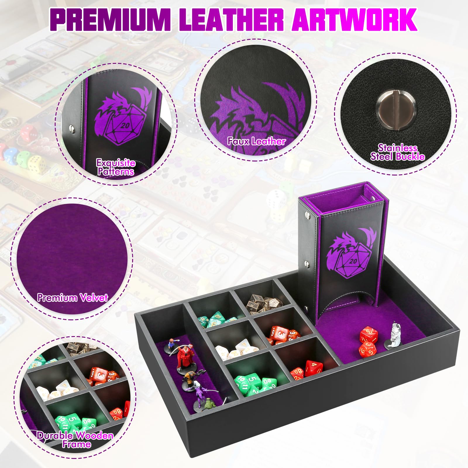 Wunhunew leather dragon-art dice box enhances table aesthetics.
