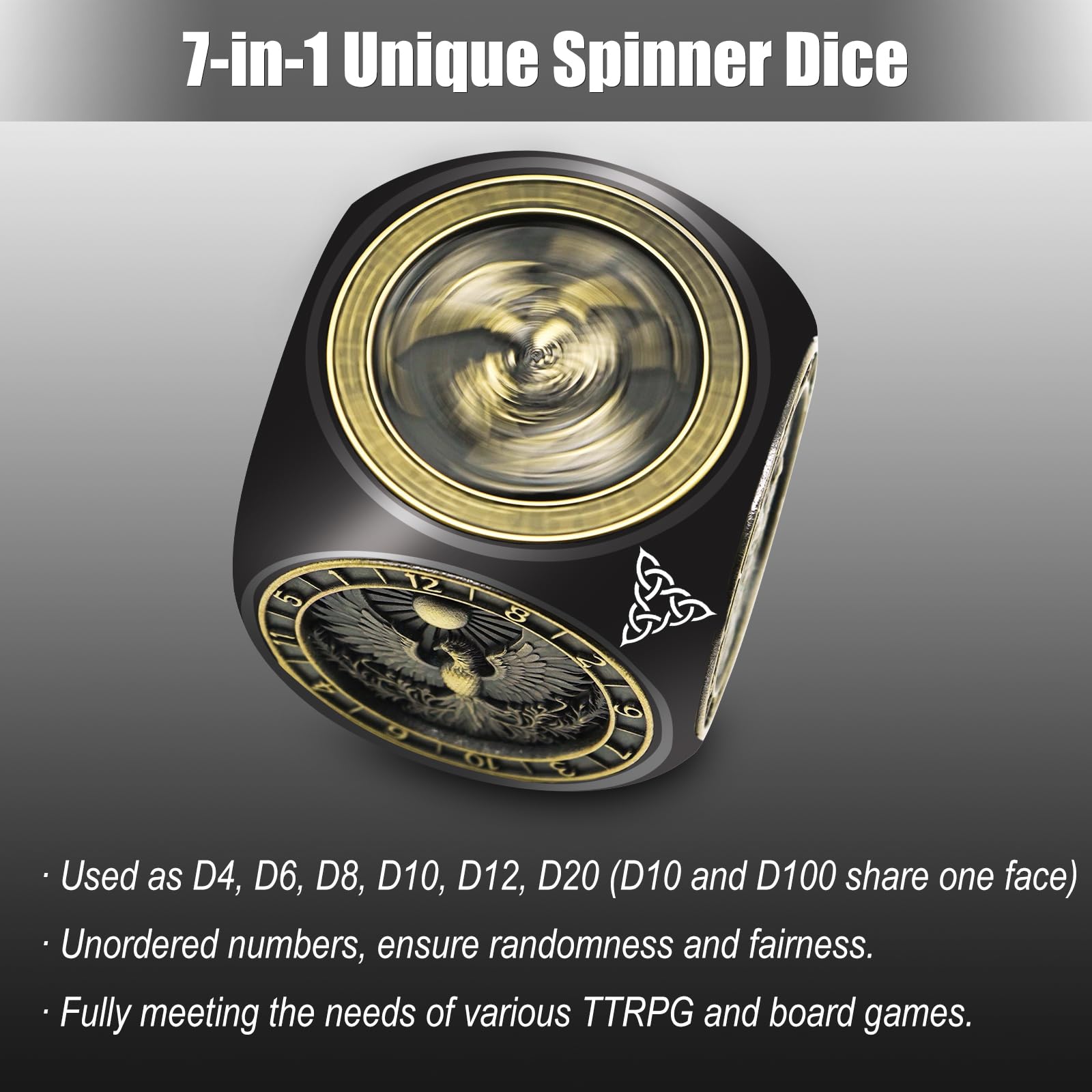 Wunhunew DND spinner dice 3D relief dragons enhances campaign immersion.