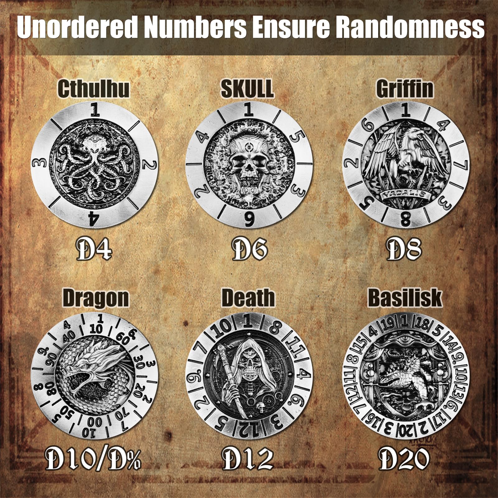 Wunhunew spinner dice 3D relief skull detail adds dramatic campaign visuals.