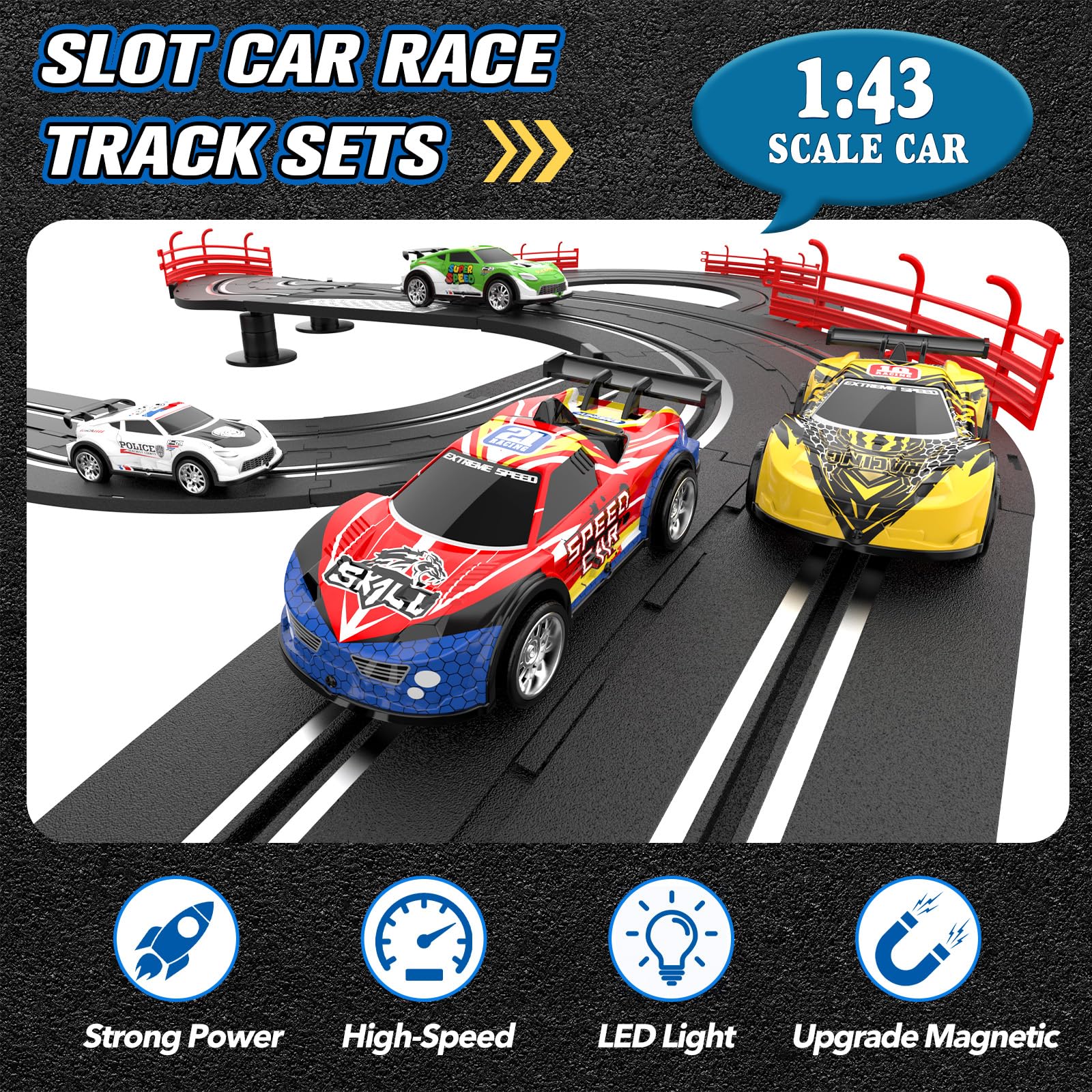 Wupuaait four high-speed cars racing on the track for competitive play.