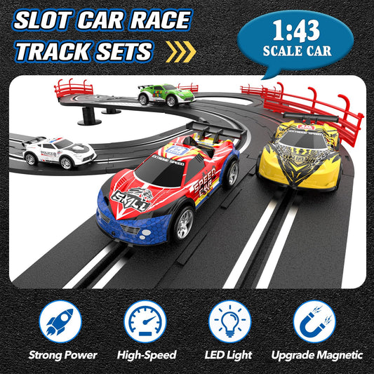 Wupuaait four high-speed cars racing on the track for competitive play.