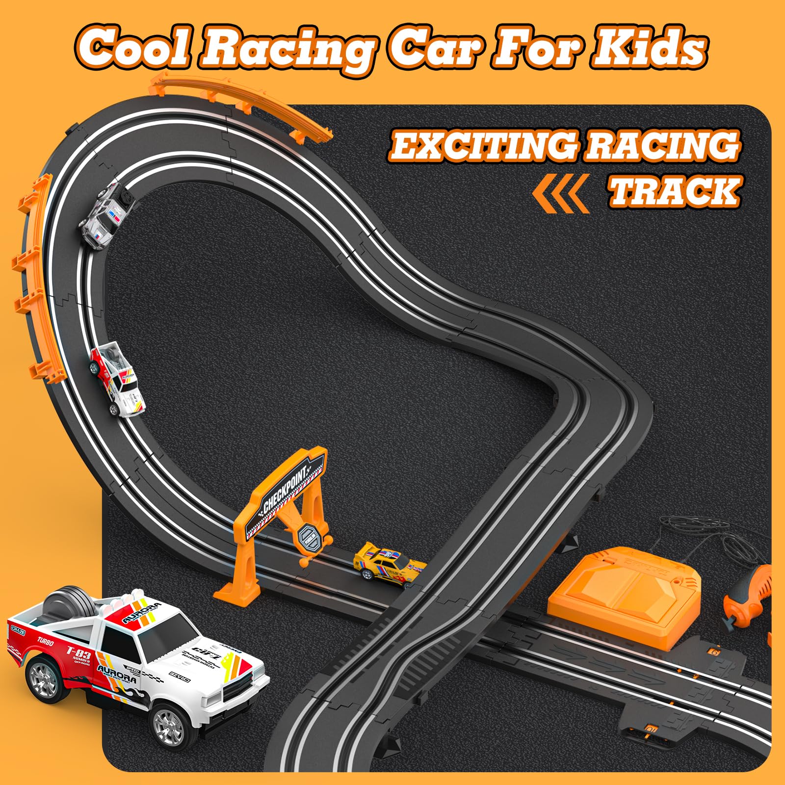 Wupuaait slot car track dual cars remote shows two-player play setup.