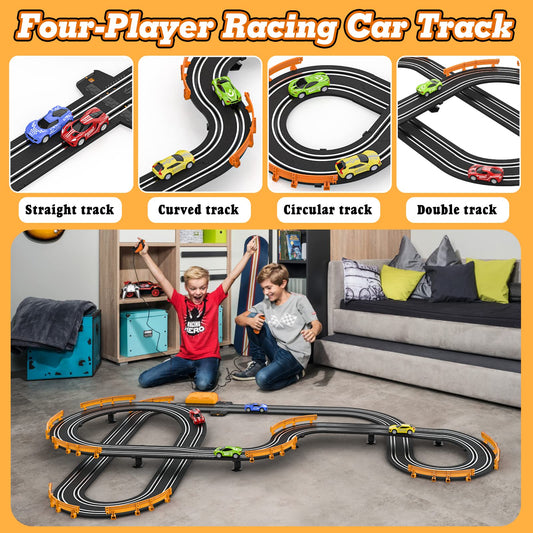 Wupuaait slot car track overpass highlights multi-level racing for exciting battles.