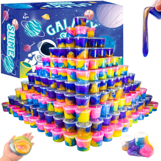 WUHUANIU Galaxy Slime 116-pack cups display vibrant galaxy swirls for imaginative play.