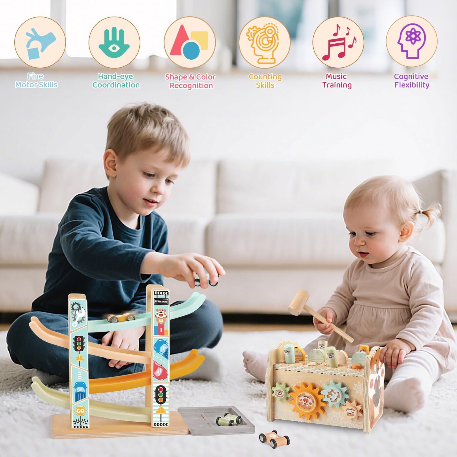 Wuzhineisn car ramp racer inspires active play and visual tracking.