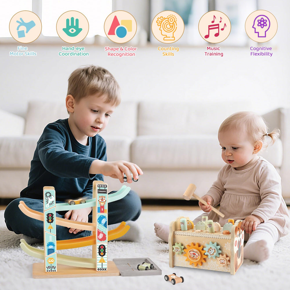 Wuzhineisn car ramp racer inspires active play and visual tracking.