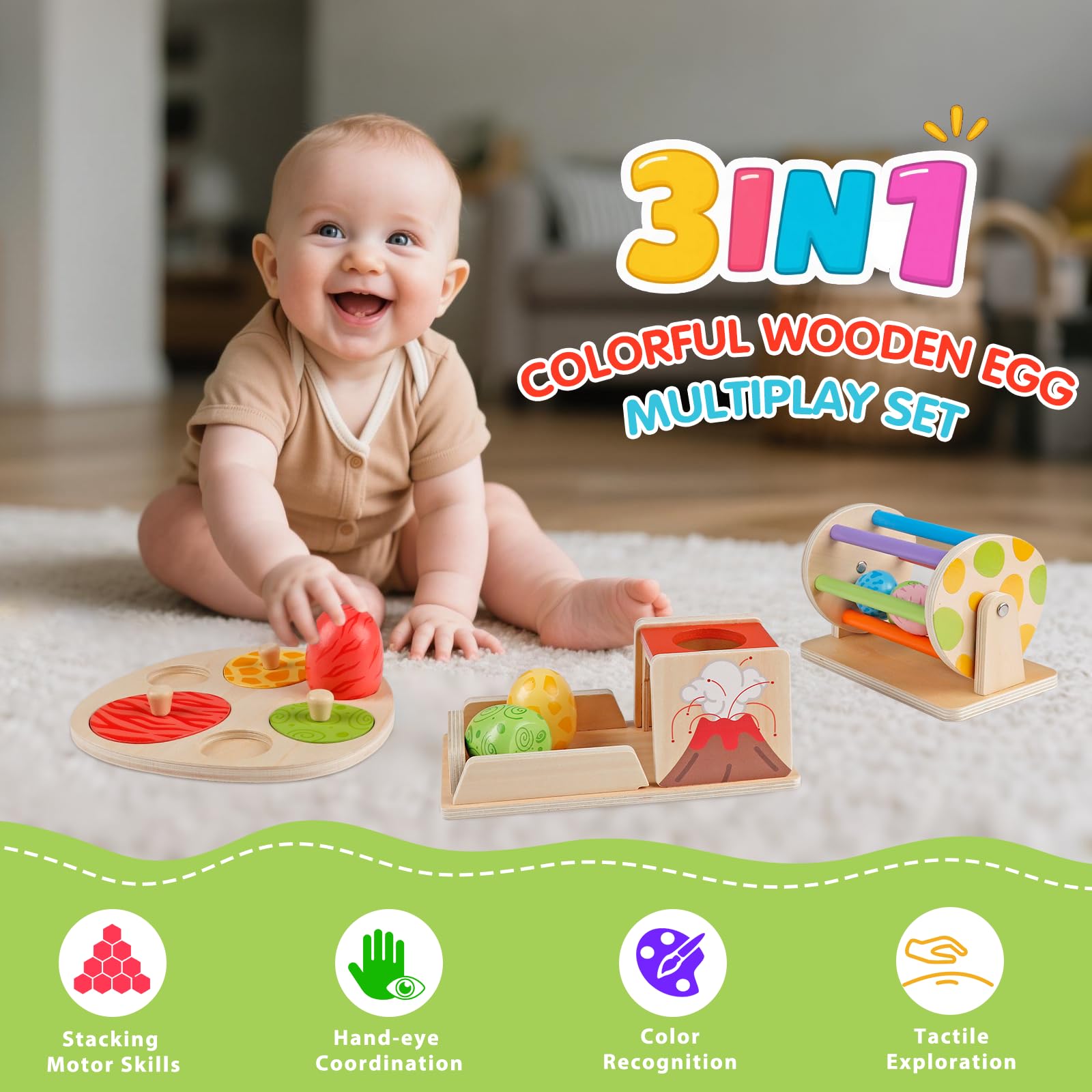 Wuzhineisn dino egg set provides safe sensory exploration and stacking practice.