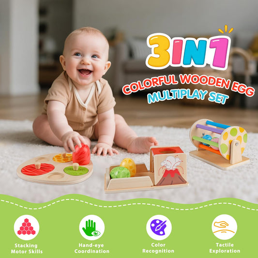 Wuzhineisn dino egg set provides safe sensory exploration and stacking practice.