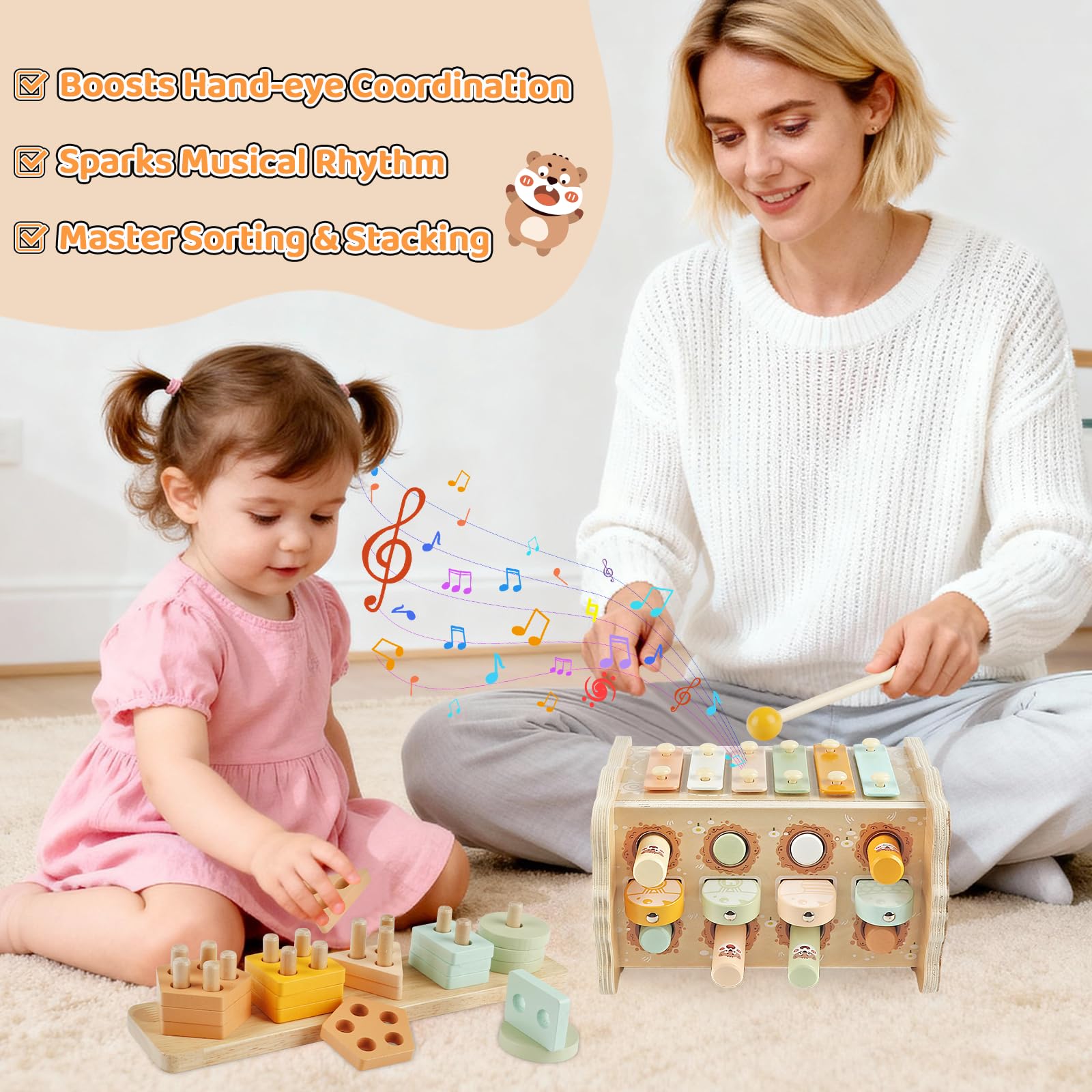 Wuzhineisn sorting and stacking tiles teach shapes, colors, and spatial concepts.