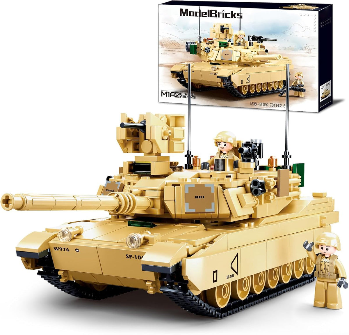 WW2 Army Tank M1A2 brick model with rotating turret for realistic play.