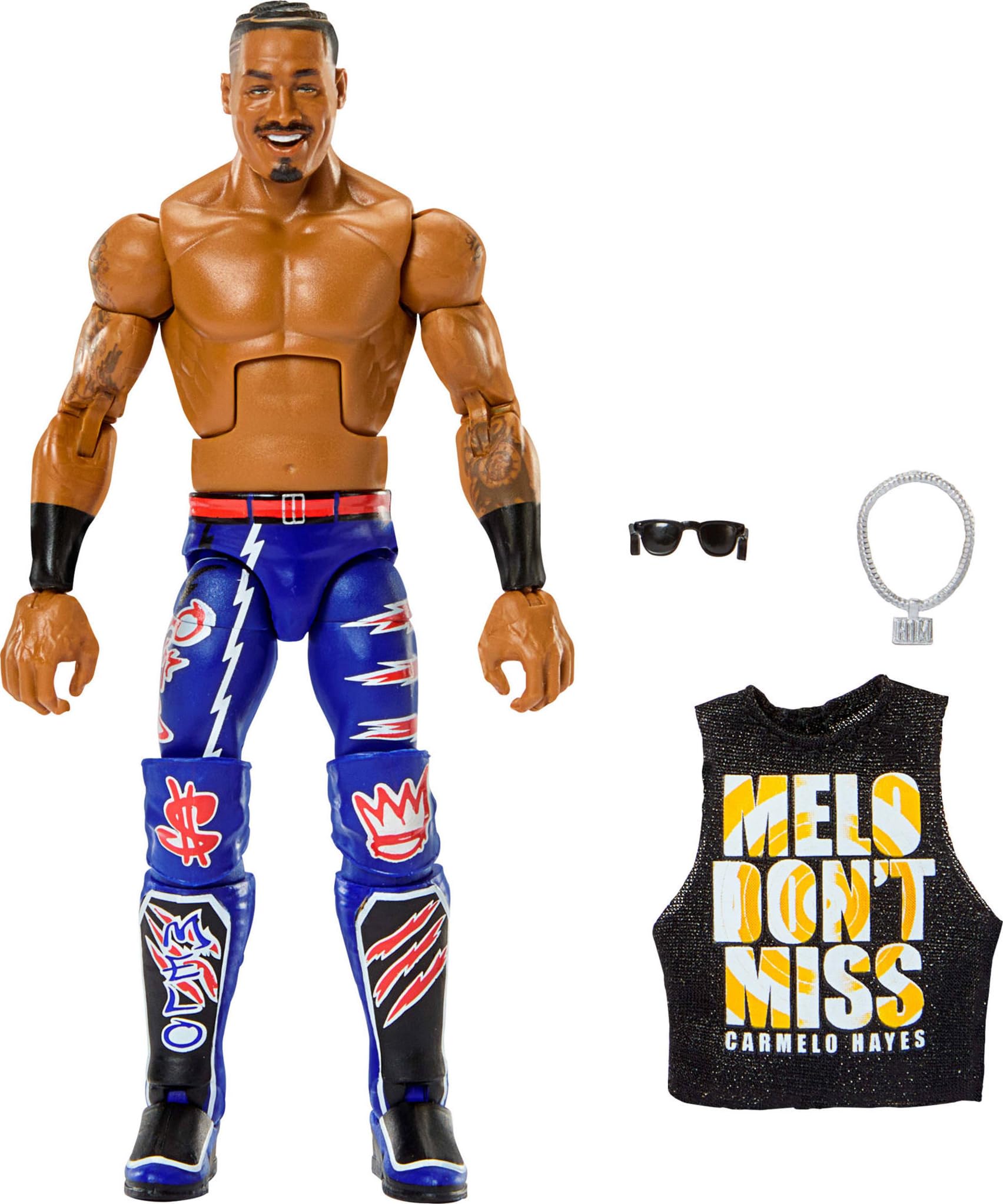 WWE Carmelo Hayes Elite figure front view for display and poseability.