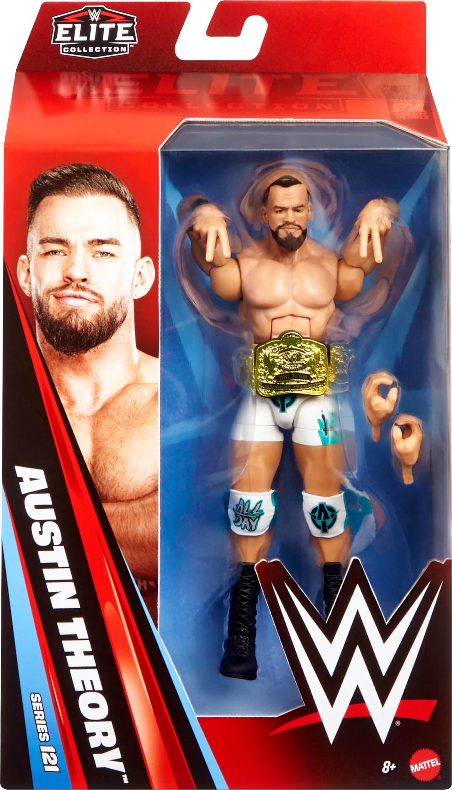 WWE Elite Austin Theory figure in-ring pose demonstrating dynamic action potential.