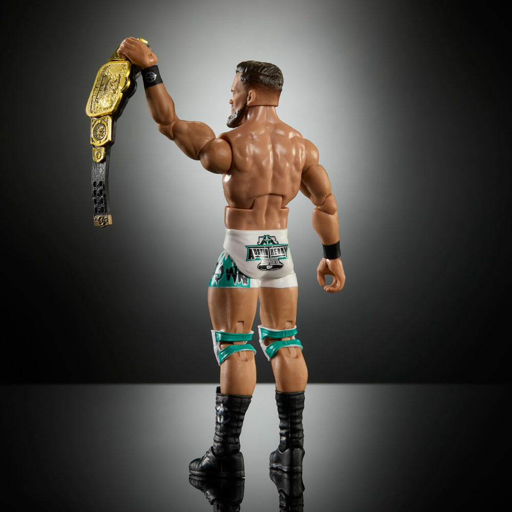 WWE Elite Austin Theory packaging and display-ready figure for shelf showcase.